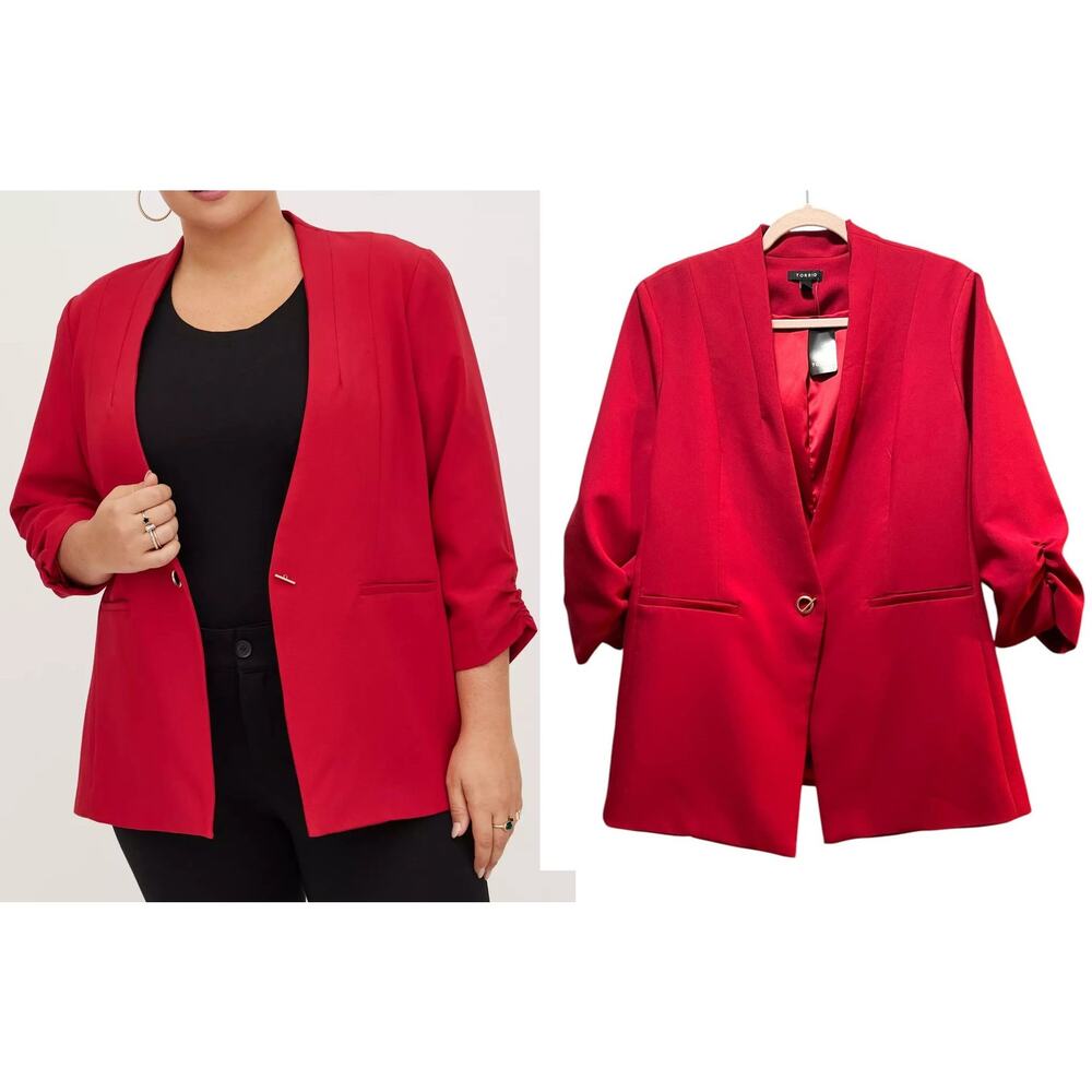 Torrid 2 (2X 18/20) Red Collarless Classic Fit 3/4 Sleeves Work Jacket Blazer